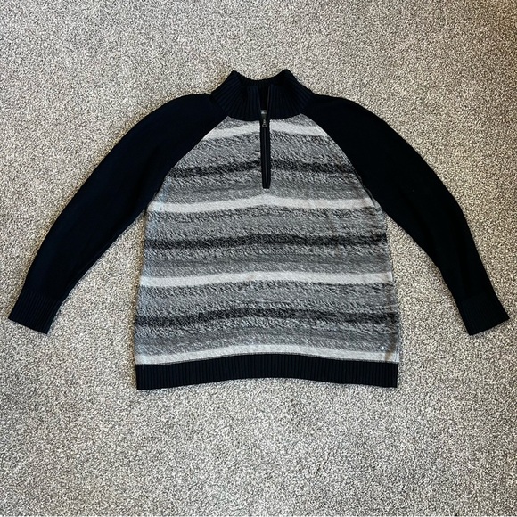 Eddie Bauer Black Grey Stripe 1/4 Zip Up Cotton Knit Sweater, Size Large - Picture 1 of 9